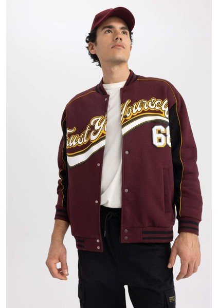 Oversize Fit Kolej Yaka Bomber Baskılı İçi Yumuşak Tüylü Hırka Z9179AZ23SP