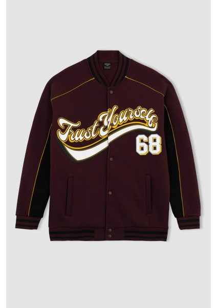 Oversize Fit Kolej Yaka Bomber Baskılı İçi Yumuşak Tüylü Hırka Z9179AZ23SP