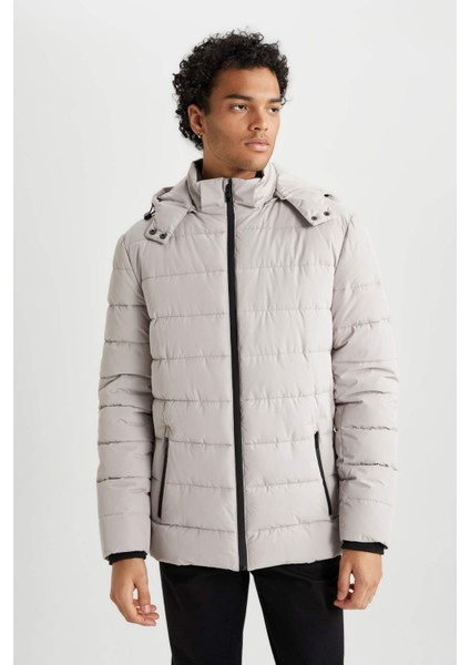 Rüzgar Geçirmez Şişme Mont Slim Fit Dar Kesim Kapüşonlu Suni Kürk Astarlı Fermuarlı R0216AZ23AU