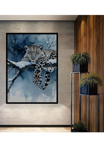 Çerçeve Görünümlü Kar Leoparı Suluboya Görünümlü Dekoratif Ahşap Ev/işyeri/ofis Kare Tablo
