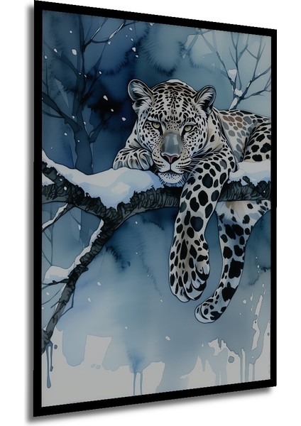 Çerçeve Görünümlü Kar Leoparı Suluboya Görünümlü Dekoratif Ahşap Ev/işyeri/ofis Kare Tablo modelleri