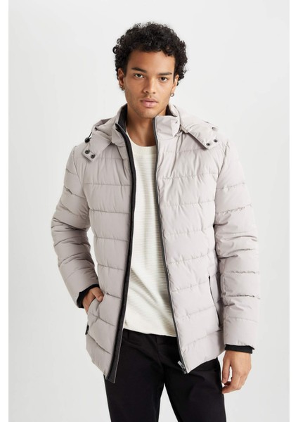 Rüzgar Geçirmez Şişme Mont Slim Fit Kapüşonlu Suni Kürk Astarlı Fermuarlı R0216AZ23AU