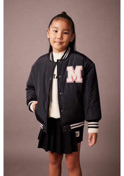 Kız Çocuk Su İtici Nakışlı Kolej Yaka Çıtçıt Kapamalı Çift Cepli Mevsimlik Hafif Bomber Mont Ceket A0887A823AU