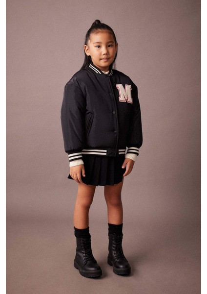 Kız Çocuk Su İtici Nakışlı Kolej Yaka Çıtçıt Kapamalı Çift Cepli Mevsimlik Hafif Bomber Mont Ceket A0887A823AU