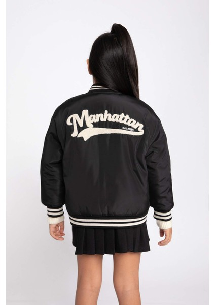 Kız Çocuk Su İtici Nakışlı Kolej Yaka Çıtçıt Kapamalı Çift Cepli Mevsimlik Hafif Bomber Mont Ceket A0887A823AU