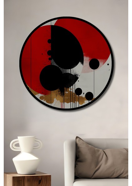 Çerçeve Görünümlü Kırmızı Siyah Daireler Modern Sanat Dekoratif Ahşap Ev/işyeri/ofis Yuvarlak Tablo