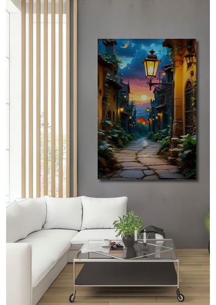 Romantik Sokak Lambası Yağlı Boya Görünümlü Dekoratif Ahşap Ev/işyeri/ofis Kare Tablo