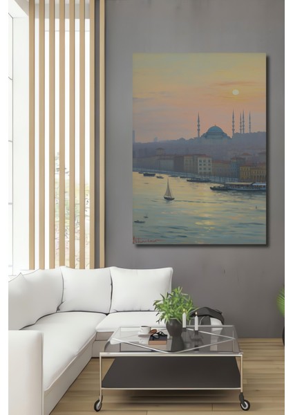 Istanbul Silüeti Yağlı Boya Görünümlü Dekoratif Ahşap Ev/işyeri/ofis Kare Tablo