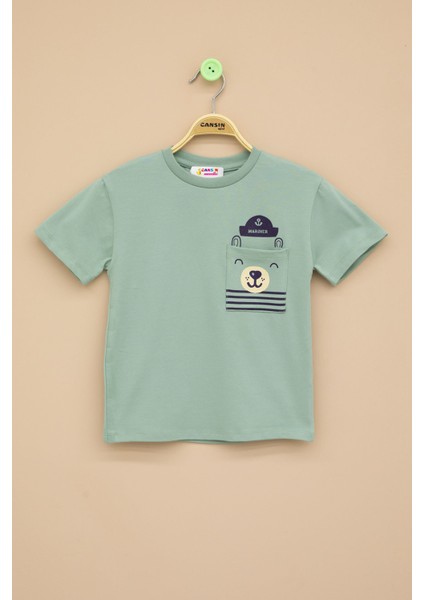 Yeşil Ayıcık Baskılı Cepli Erkek Bebek Tişört 20935