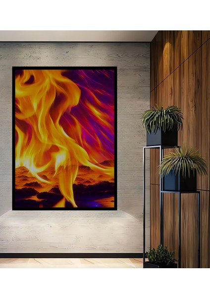 Çerçeve Görünümlü Alev Denizi Yağlı Boya Görünümlü Dekoratif Ahşap Ev/işyeri/ofis Kare Tablo