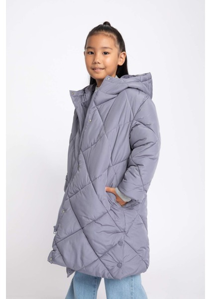 Kız Çocuk Su İtici Kapüşonlu Kapitoneli Uzun Kaban A2256A823AU