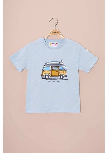 Mavi Araba Baskılı Nakış Detaylı Erkek Çocuk Bisiklet Yaka Tişört 20959