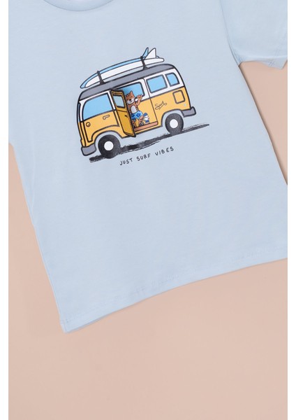 Mavi Araba Baskılı Nakış Detaylı Erkek Çocuk Bisiklet Yaka Tişört 20959 fiyatları