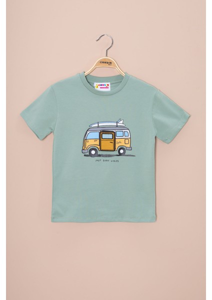 Yeşil Araba Baskılı Nakış Detaylı Erkek Çocuk Bisiklet Yaka Tişört 20958