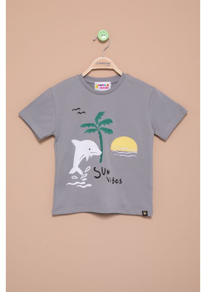 Füme Balık Baskılı Nakışlı Erkek Bebek Bisiklet Yaka Tişört 20947