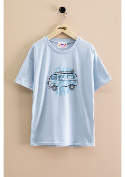 Mavi Araba Baskılı Bisiklet Yaka Erkek Çocuk Kısa Kol Tişört 20920