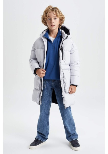 Erkek Çocuk Su Geçirmez Reflektör Baskılı Kapüşonlu Polar Astarlı Uzun Mont Kaban A2729A823WN