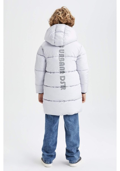 Erkek Çocuk Su Geçirmez Reflektör Baskılı Kapüşonlu Polar Astarlı Uzun Mont Kaban A2729A823WN