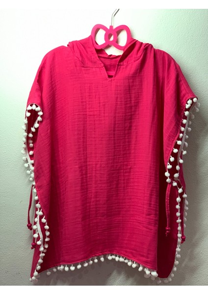 Organik Müslin Kapşonlu Bebek Panço Fuşia Plaj - Çocuk Bornoz