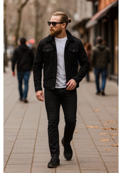 Siyah Renk İçi Siyah Kürklü Erkek Kot Mont