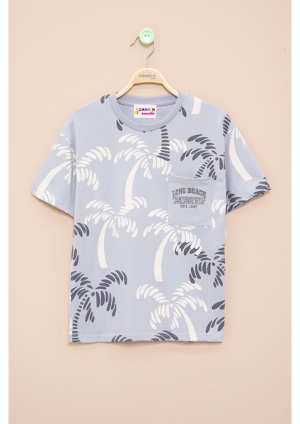 Gri Palmiye Desenli Yazılı Cepli Erkek Çocuk Bisiklet Yaka Tişört 20930