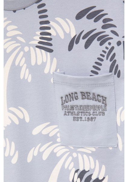 Gri Palmiye Desenli Yazılı Cepli Erkek Çocuk Bisiklet Yaka Tişört 20930 modelleri