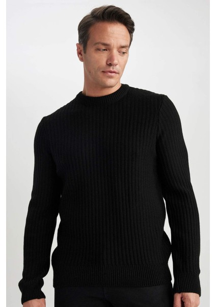 Standart Fit Normal Kesim Bisiklet Yaka Jakarlı Triko Kazak A5234AX23WN