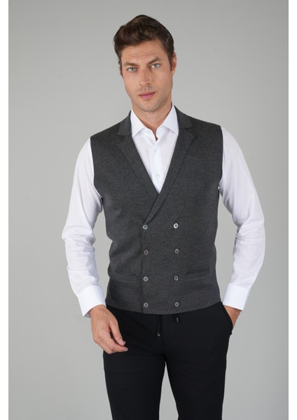 Antrasit Kruvaze Yün Erkek Yelek TRYL24K24202_D58