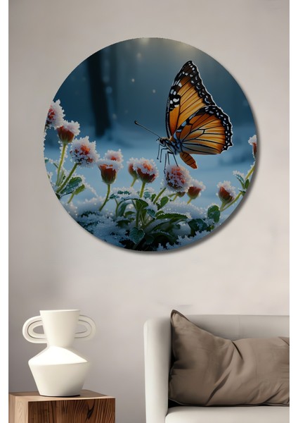 Kış Kelebeği Rüyası Yağlı Boya Görünümlü Dekoratif Ahşap Ev/işyeri/ofis Yuvarlak Tablo