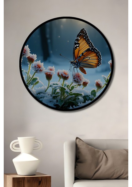 Çerçeve Görünümlü Kış Kelebeği Rüyası Yağlı Boya Görünümlü Dekoratif Ahşap Ofis Yuvarlak Tablo
