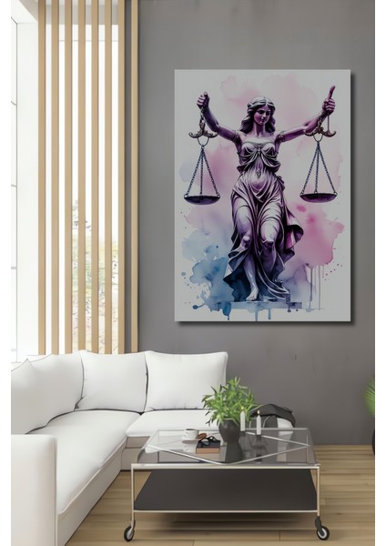 Adalet Tanrıçası Terazisi Sulu Boya Görünümlü Dekoratif Ahşap Ev/işyeri/ofis Kare Tablo