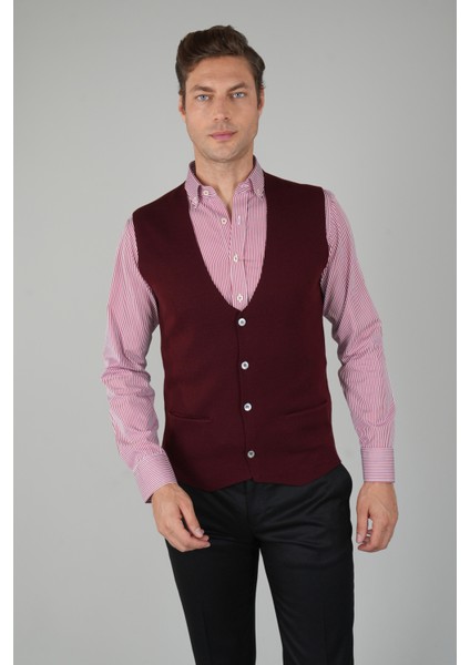 Bordo Düz Triko Yün Erkek Yelek TRYL24K24203_D25