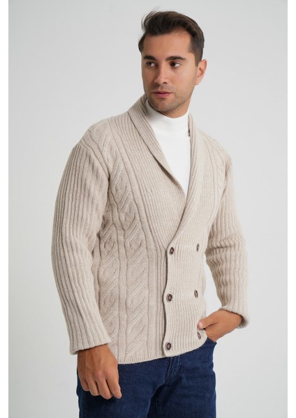 Erkek Şal Yaka Altı Düğmeli Kruvaze Yün Ceket Hırka TRIST-5353