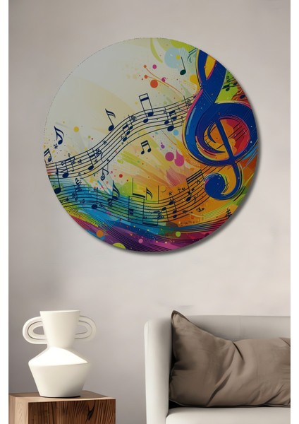 Müzik Notaları Renkli Yağlı Boya Görünümlü Dekoratif Ahşap Ev/işyeri/ofis Yuvarlak Tablo