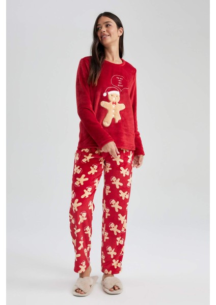 Fall in Love Yılbaşı Temalı Pijama Takımı Polar Uzun Kollu Üst Esnek Belli Uzun Alt A3369AX23WN