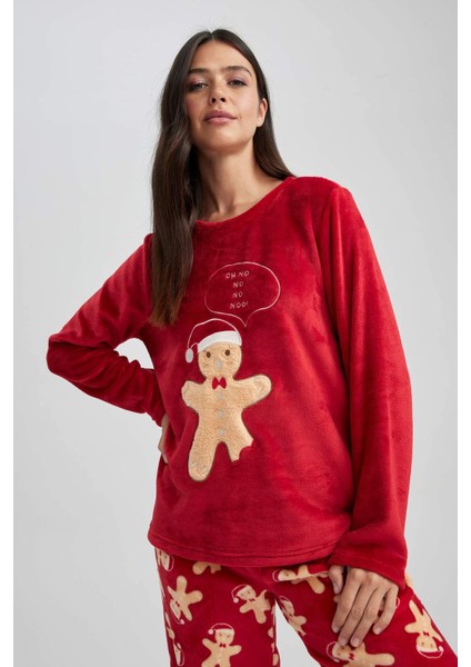 Fall in Love Yılbaşı Temalı Pijama Takımı Polar Uzun Kollu Üst Esnek Belli Uzun Alt A3369AX23WN