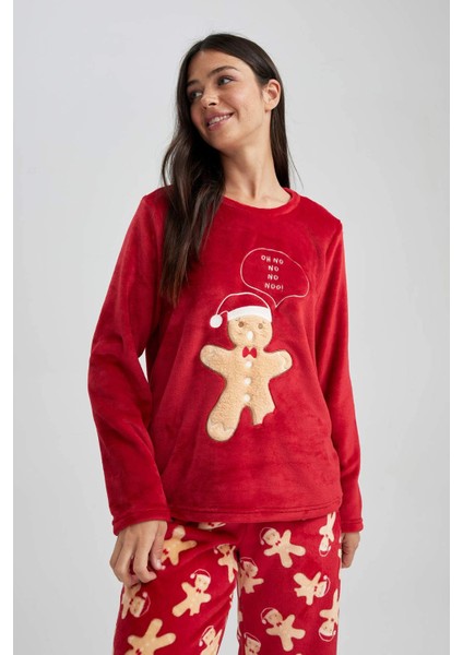 Fall in Love Yılbaşı Temalı Pijama Takımı Polar Uzun Kollu Üst Esnek Belli Uzun Alt A3369AX23WN