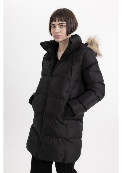 Su İtici Şişme Uzun Mont Parka Rüzgar Geçirmez Fermuarlı Suni Kürk Çıkarılabilir Kapüşonlu A4105AX24SP