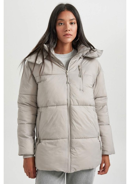 Su Geçirmez Hafif Şişme Mont Oversize Geniş Kalıp Çıkarılabilir Kapüşonlu Fermuarlı Cepli A7167AX23WN