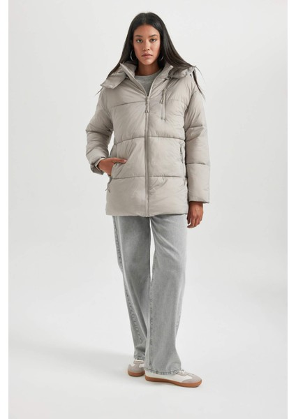 Su Geçirmez Hafif Şişme Mont Oversize Geniş Kalıp Çıkarılabilir Kapüşonlu Fermuarlı Cepli A7167AX23WN