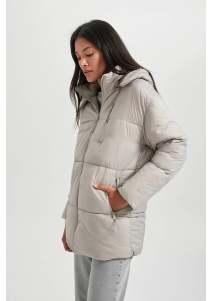 Su Geçirmez Hafif Şişme Mont Oversize Geniş Kalıp Çıkarılabilir Kapüşonlu Fermuarlı Cepli A7167AX23WN