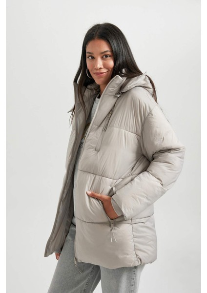 Su Geçirmez Hafif Şişme Mont Oversize Geniş Kalıp Çıkarılabilir Kapüşonlu Fermuarlı Cepli A7167AX23WN