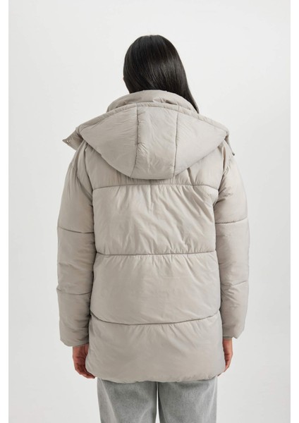 Su Geçirmez Hafif Şişme Mont Oversize Geniş Kalıp Çıkarılabilir Kapüşonlu Fermuarlı Cepli A7167AX23WN