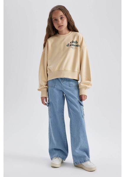 Kız Çocuk Oversize Geniş Kalıp Bisiklet Yaka Baskılı Sweatshirt A6158A823AU