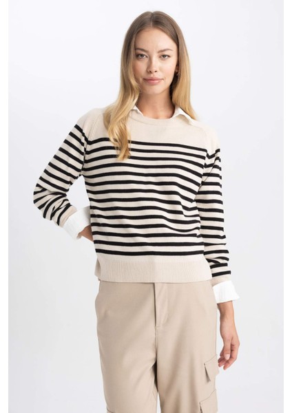 Regular Fit Çizgili Bisiklet Yaka Basic Düz Triko Kazak Z1317AZ23WN