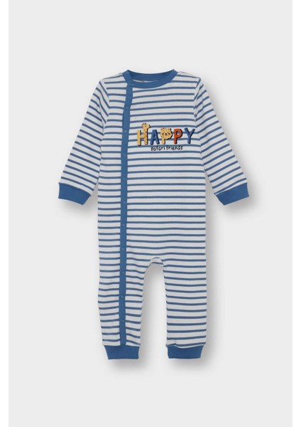 Erkek Bebek Yenidoğan Baskılı Çizgili Fitilli Kaşkorse Çıtçıtlı Uzun Kollu Tulum F2213A525AU