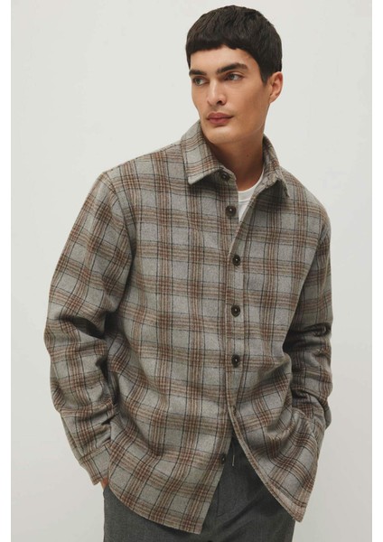 Relax Fit Polo Yaka Düğmeli Kalın Ekose Desenli Gömlek Ceket