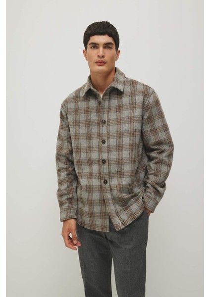 Relax Fit Polo Yaka Düğmeli Kalın Ekose Desenli Gömlek Ceket