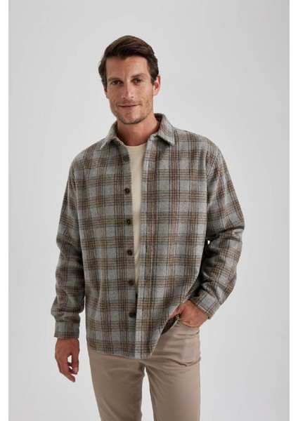 Relax Fit Polo Yaka Düğmeli Kalın Ekose Desenli Gömlek Ceket