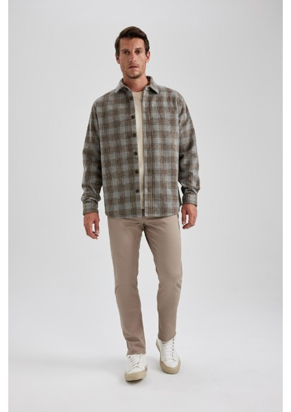 Relax Fit Polo Yaka Düğmeli Kalın Ekose Desenli Gömlek Ceket